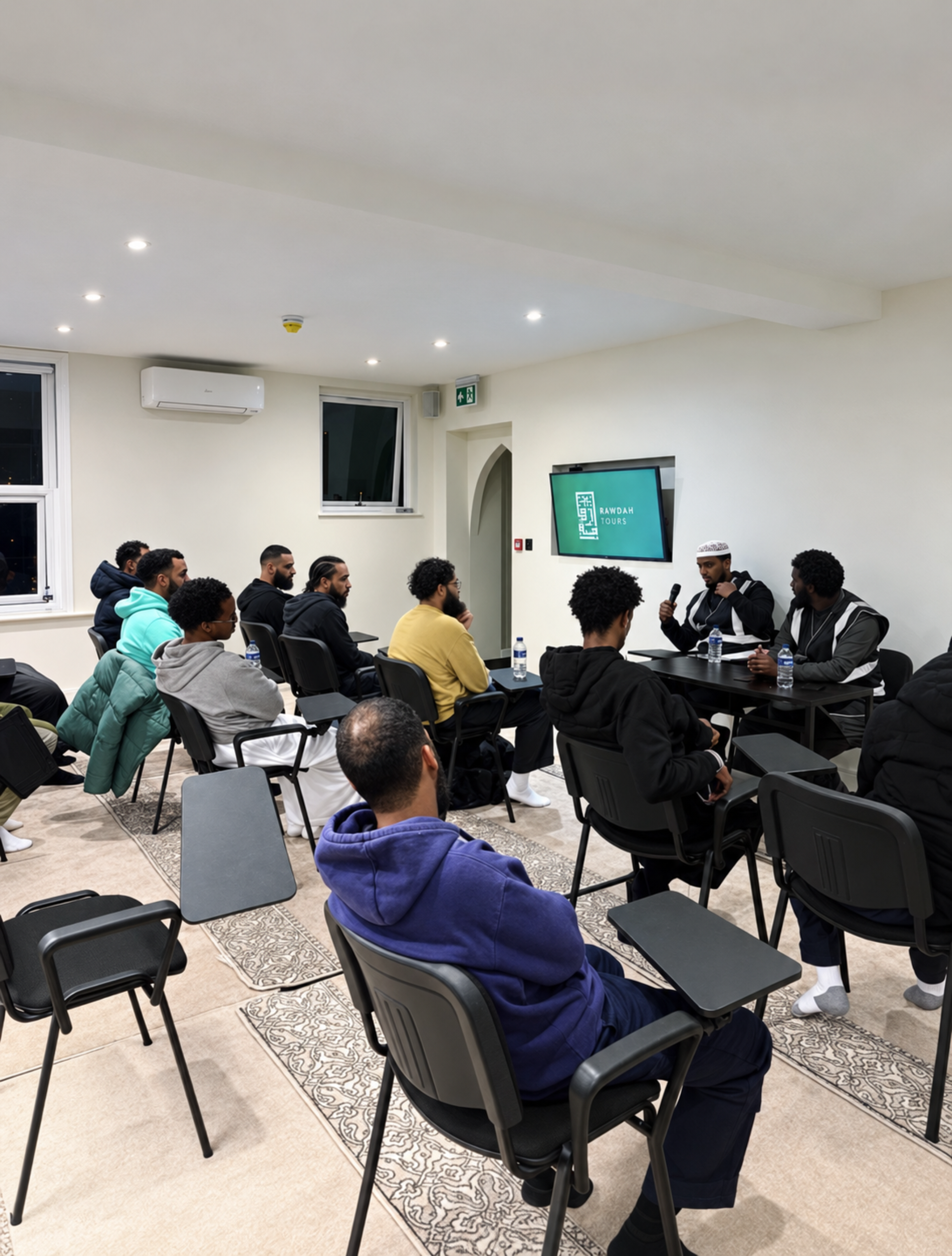 Rawdah Tours travellers listening during a Hajj preparation session